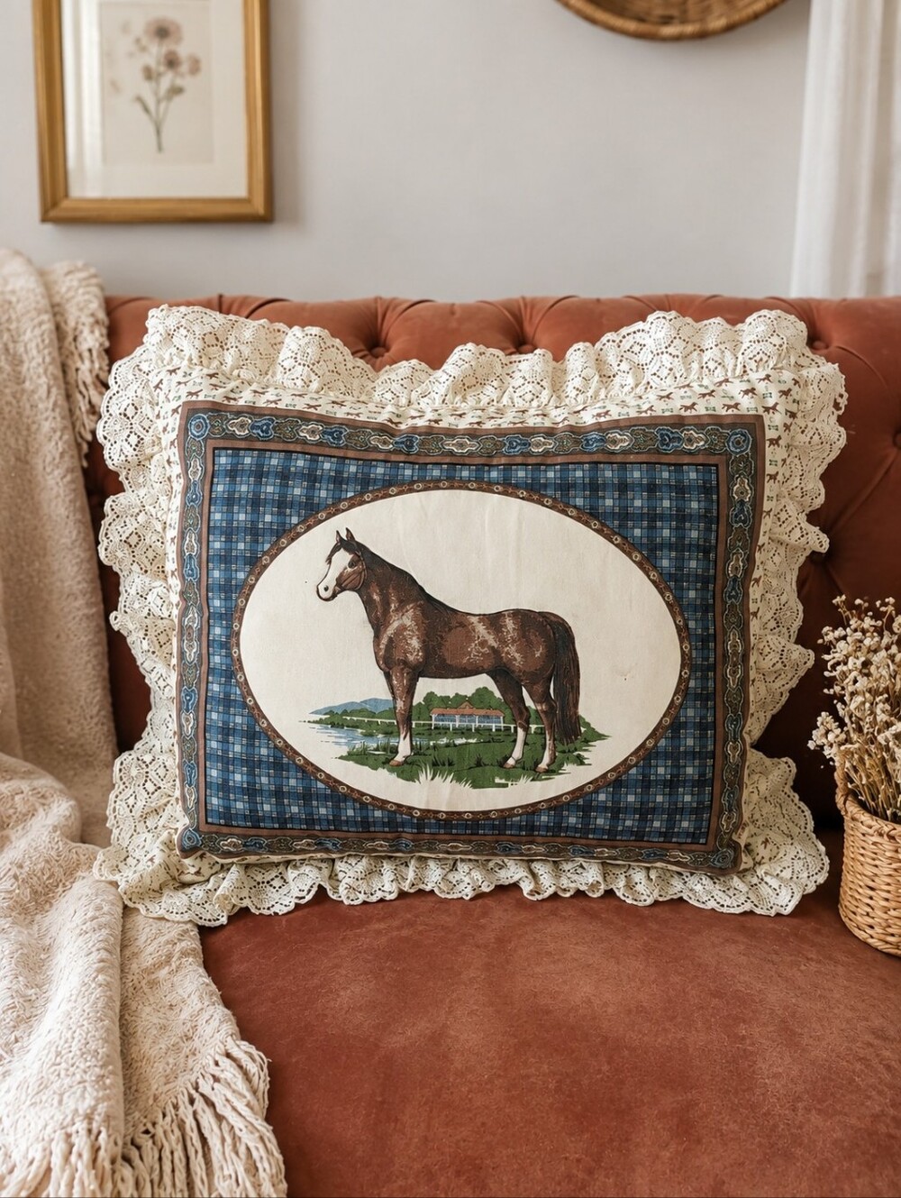 Vintage Horse Tapestry Pillow | Cottagecore Lace Accent Equestrian